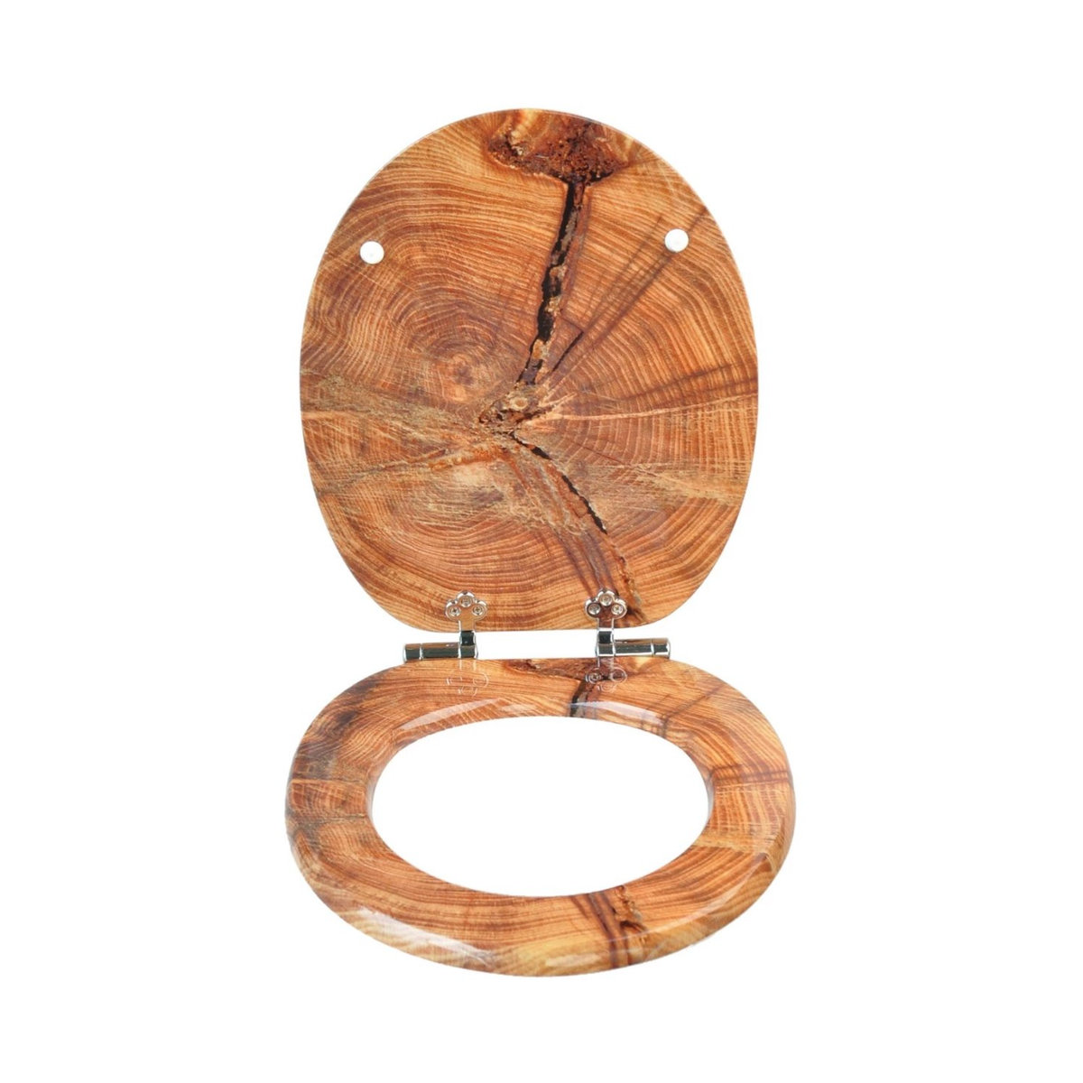 Abattant WC à fermeture douce en MDF antibactérien, motif coupe de bois veinée, fixation inox, démontage facile