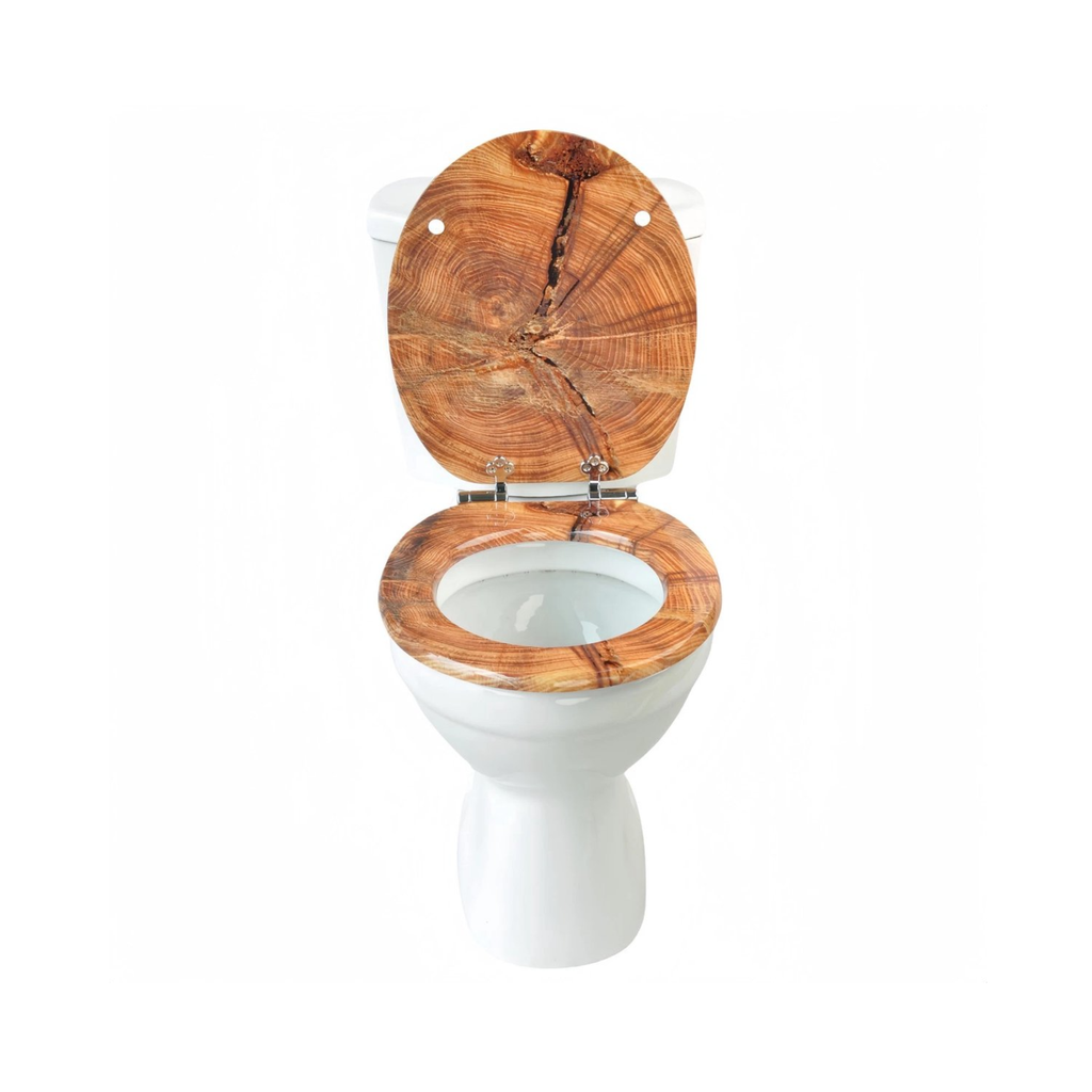 Abattant WC à fermeture douce en MDF antibactérien, motif coupe de bois veinée, fixation inox, démontage facile