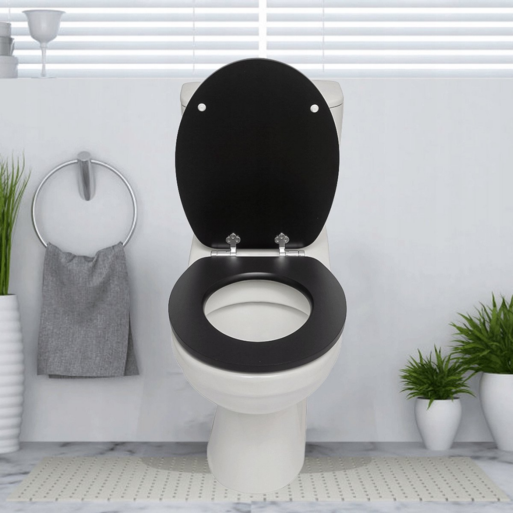 Abattant WC à fermeture douce en MDF antibactérien, noir mat, fixation inox, démontage facile