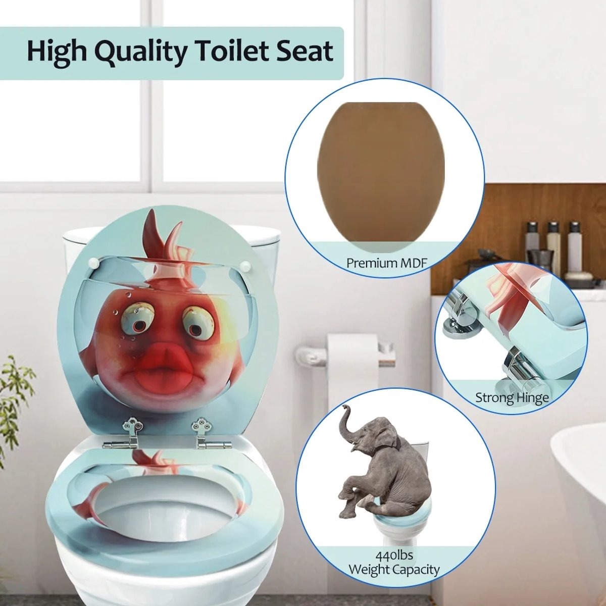 Abattant WC à fermeture douce en MDF antibactérien, motif poisson rouge, fixation inox, démontage facile