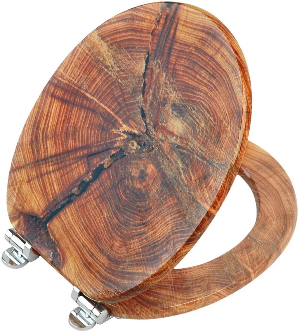 Abattant WC à fermeture douce en MDF antibactérien, motif coupe de bois veinée, fixation inox, démontage facile