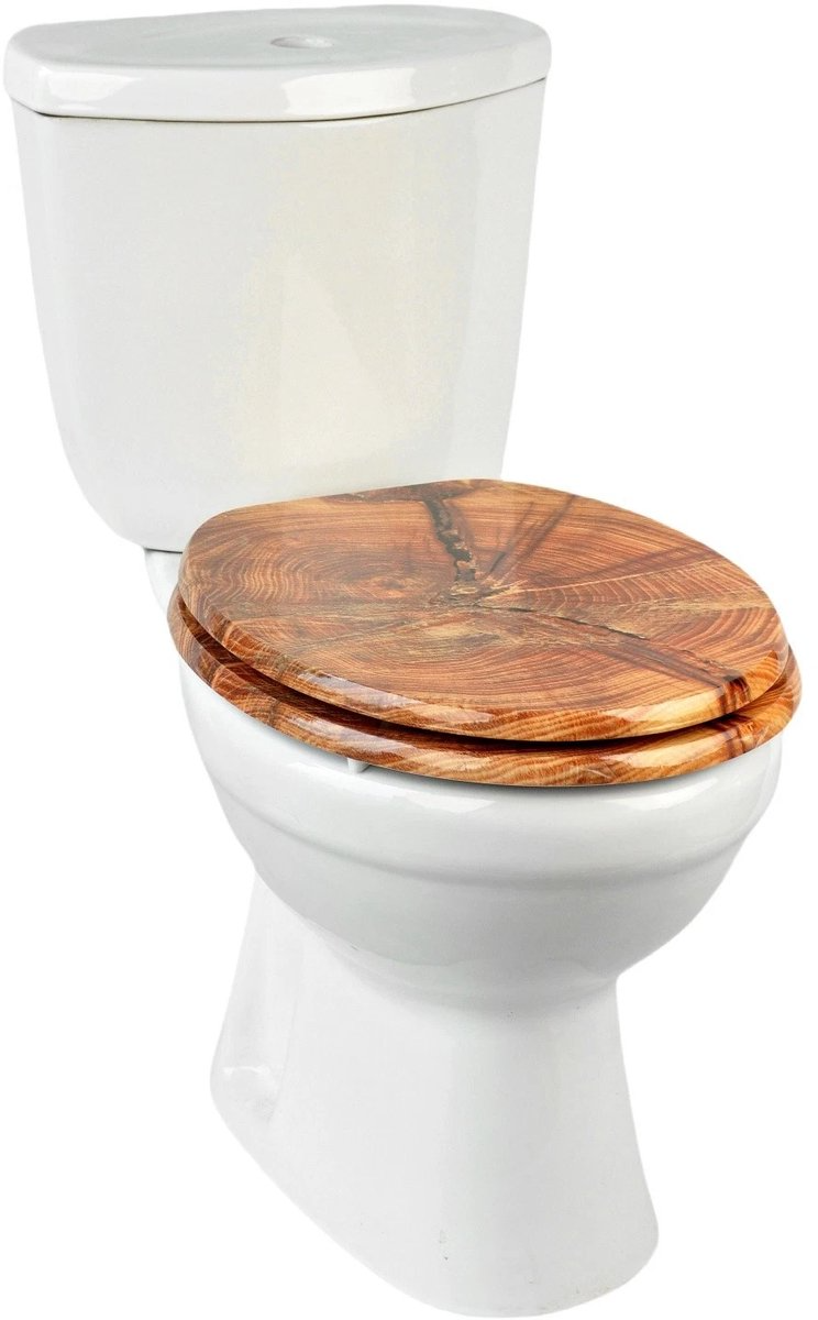 Abattant WC à fermeture douce en MDF antibactérien, motif coupe de bois veinée, fixation inox, démontage facile