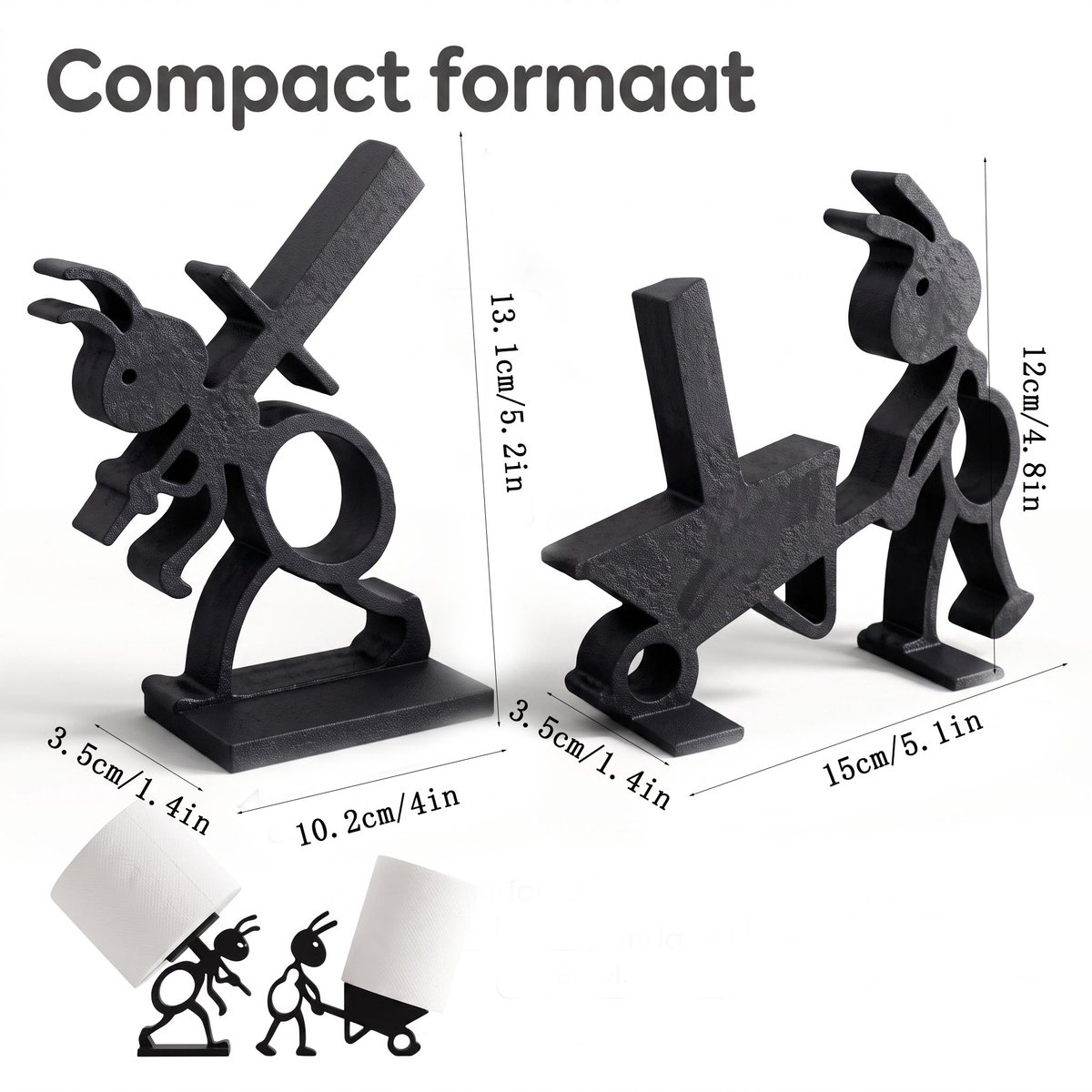 Porte-papier toilette autoportant design fourmi, noir, compact, sans montage