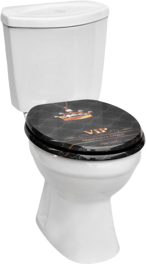 Abattant WC à fermeture douce en MDF antibactérien, motif couronne VIP, fixation inox, démontage facile