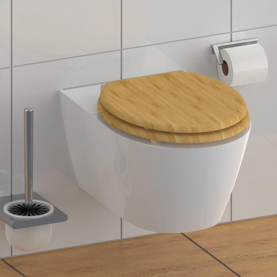 Abattant WC à fermeture douce en MDF antibactérien, motif bambou, fixation inox, démontage facile